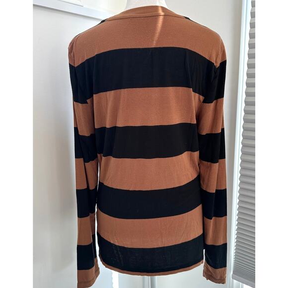 Alice + Olivia Colorblock Stripe Medium Brown Black Henley Pullover Long Sleeve - Picture 5 of 8